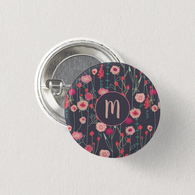 Macaron Rond 2,50 Cm Monogramme Floral rose noire (Devant & derrière)