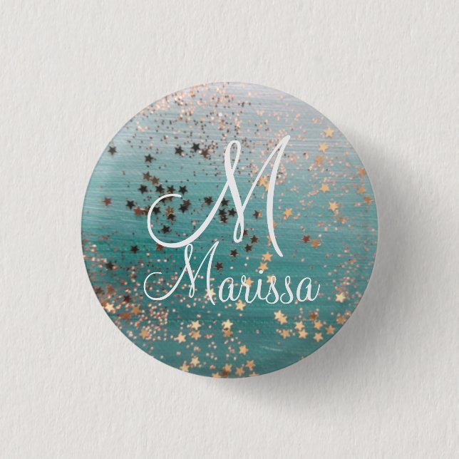 Macaron Rond 2,50 Cm Monogramme Gold Stars sur Turquoise (Devant)