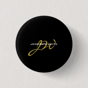 Macaron Rond 2,50 Cm Monogramme Noir Or Couleur Plaque Moderne Nom prop