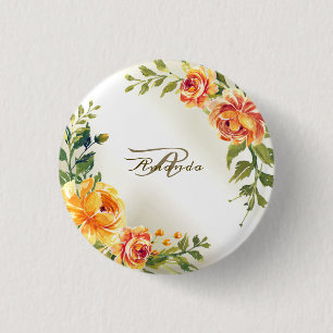 Macaron Rond 2,50 Cm Monogramme Nom Orange Jaune Floral Vert Moderne