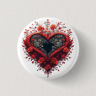 Macaron Rond 2,50 Cm Motif de cœur floral rouge avec des fleurs épanoui