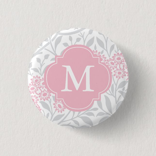 Macaron Rond 2,50 Cm Motif monogramme gris rose floral Damas (Devant)