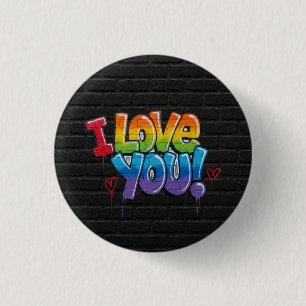 Macaron Rond 2,50 Cm Mur de briques noir avec graffiti « Je t'aime ! »
