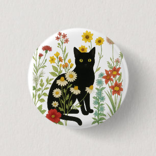 Macaron Rond 2,50 Cm Nature botanique – Chat noir dans un jardin de fle