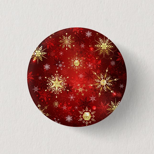 Macaron Rond 2,50 Cm Noël Golden Snowflakes sur Arrière - plan rouge (Devant)