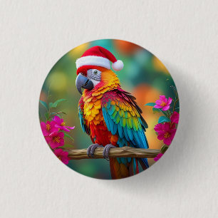 Macaron Rond 2,50 Cm Noël Macaw Portant Un Chapeau De Père Noël-56483