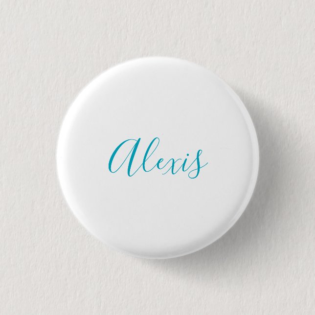 Macaron Rond 2,50 Cm Nom Calligraphie Script Plain Simple Blanc Bleu (Devant)