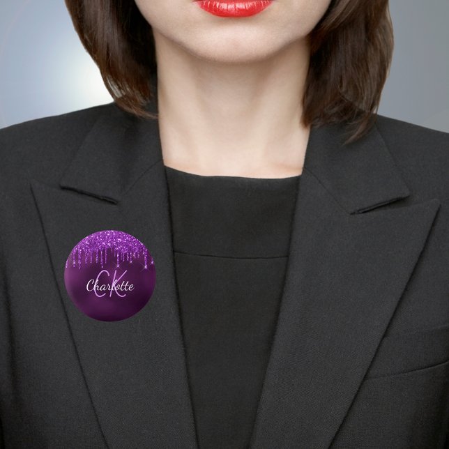 Macaron Rond 2,50 Cm Nom monogramme avec gouttes de paillettes violette (Créateur téléchargé)