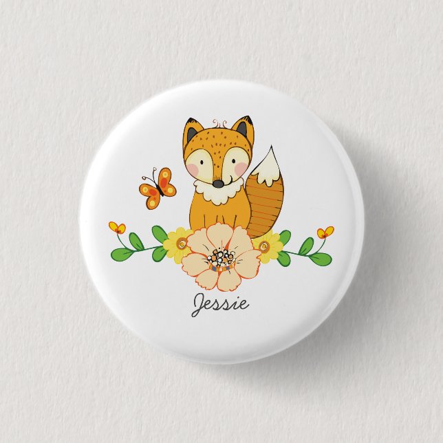 Macaron Rond 2,50 Cm Nom personnalisé mignon renard et floral (Devant)