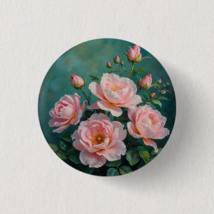 Macaron Rond 2,50 Cm Œuvre d'art Pivoines Roses sur Fond Vert Émeraude