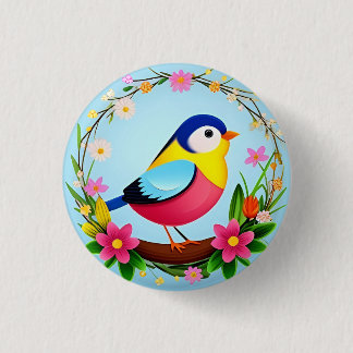 Macaron Rond 2,50 Cm Oiseau Coloré Entouré de Couronne de Fleurs