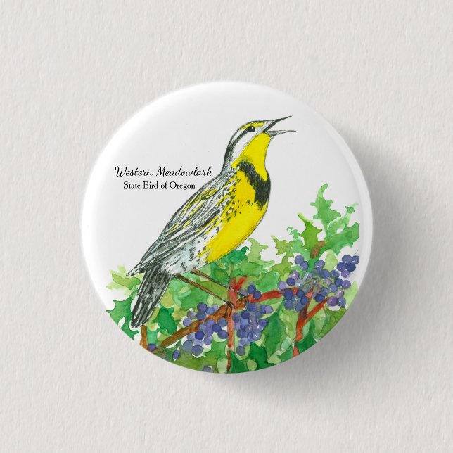 Macaron Rond 2,50 Cm Oiseau d'État de l'Oregon Meadowlark Aquarelle (Devant)