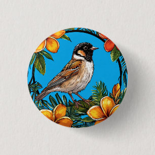 Macaron Rond 2,50 Cm Oiseau encadré par des fleurs vibrantes