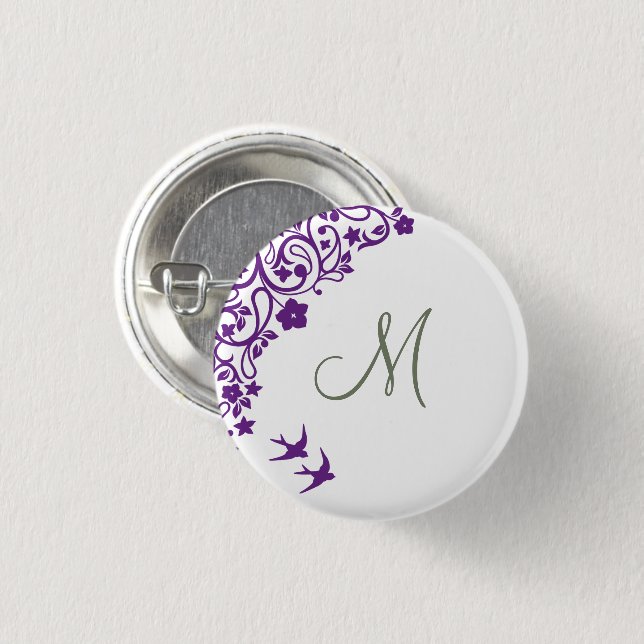 Macaron Rond 2,50 Cm Olive vert violet Floral Monogramme initial (Devant & derrière)