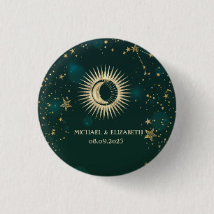 Macaron Rond 2,50 Cm Or céleste Soleil Et Lune Étoiles Vert