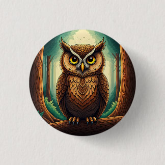Macaron Rond 2,50 Cm Owl perched on a tree log in a forest