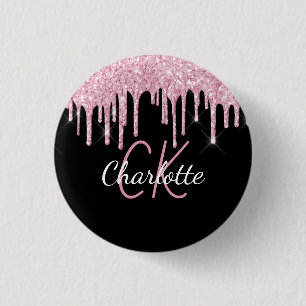 Macaron Rond 2,50 Cm Pailleté noir rose gouttes personnalisé monogramme