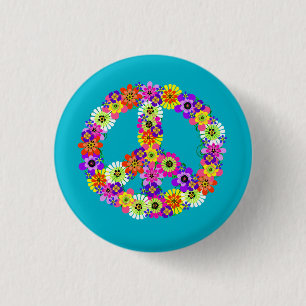 Macaron Rond 2,50 Cm Panneau de paix Floral sur Turquoise