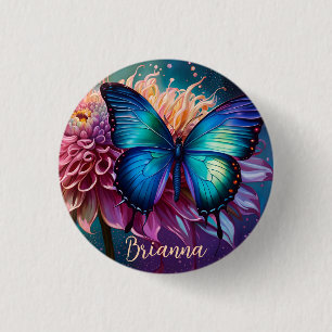 Macaron Rond 2,50 Cm Papillon bleu et Dahlia