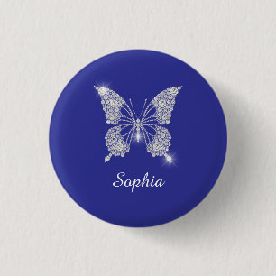 Macaron Rond 2,50 Cm Papillon Diamant Blanc, Nom en écriture, Bleu Prof