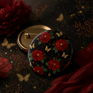 Macaron Rond 2,50 Cm Papillon doré et floral rouge élégant