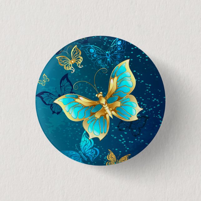 Macaron Rond 2,50 Cm Papillons d'or sur un Arrière - plan bleu (Devant)