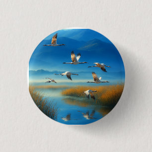 Macaron Rond 2,50 Cm Paysage serein de lac naturel avec grue en vol