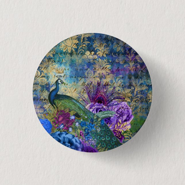 Macaron Rond 2,50 Cm Peacock Birds touche pin tendance (Devant)