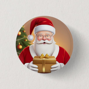Macaron Rond 2,50 Cm Père Noël tenant une boîte cadeau près du sapin de