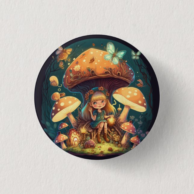 Macaron Rond 2,50 Cm Petite elve de fille parmi les champignons (Devant)