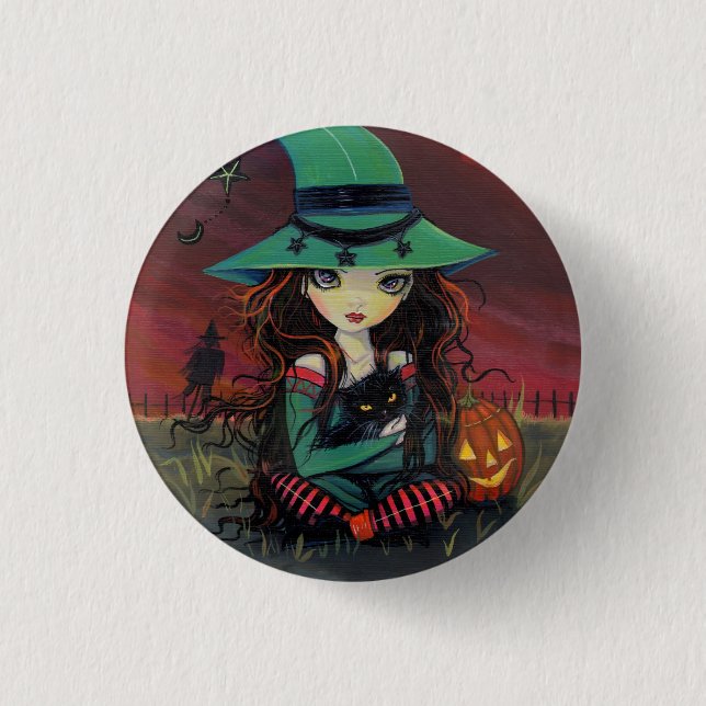 Macaron Rond 2,50 Cm Petite Sorcière et Bouton de Chat Noir Halloween (Devant)