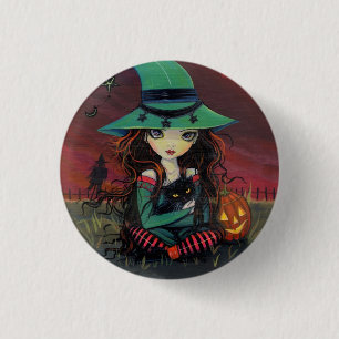Macaron Rond 2,50 Cm Petite Sorcière et Bouton de Chat Noir Halloween