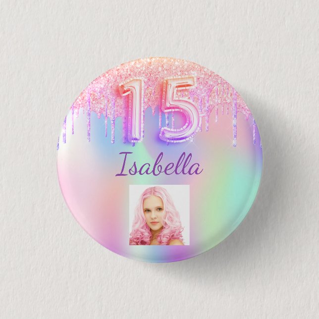 Macaron Rond 2,50 Cm photo du nom holographique rose Quinceanera (Devant)