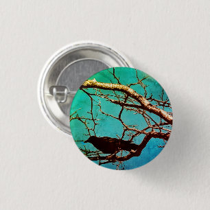 Macaron Rond 2,50 Cm Pin Photo d'Arbre Argenté avec Oiseau Noir Corbeau