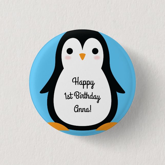 Macaron Rond 2,50 Cm Pingouin mignon Hiver 1er Anniversaire Bouton Épin (Devant)