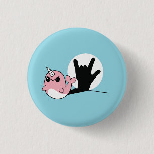 Macaron Rond 2,50 Cm Pink Narwhal ASL I Love You - Deaf Culture Design