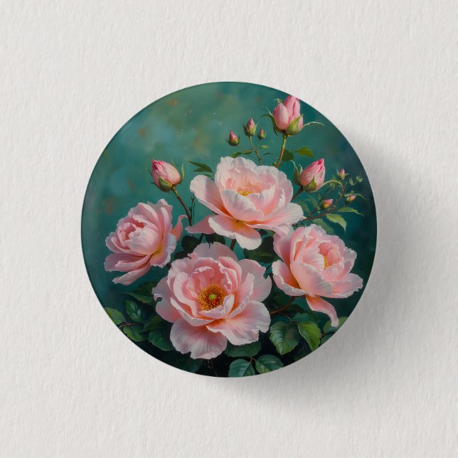 Macaron Rond 2,50 Cm Pink Peonies Artwork on Emerald Green (Devant)