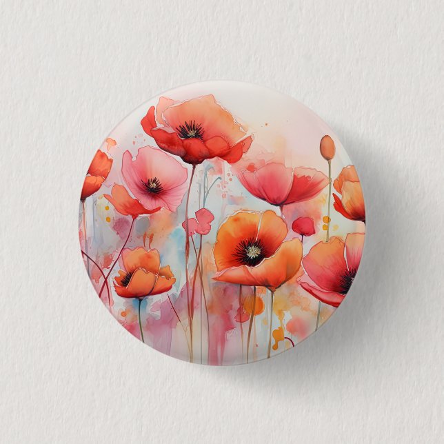 Macaron Rond 2,50 Cm Poppies d'aquarelle rouge dans un champ (Devant)