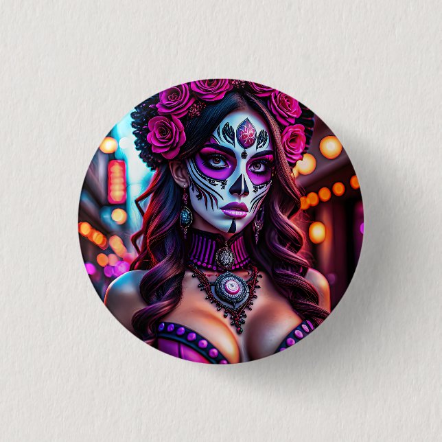 Macaron Rond 2,50 Cm Portrait de Catrina de Día de los Muertos (Devant)