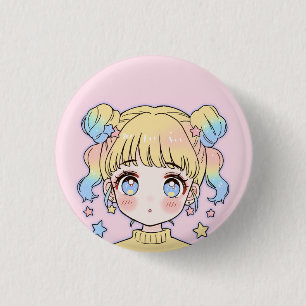 Macaron Rond 2,50 Cm Portrait de fille étoile pastel Kawaii