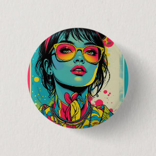 Macaron Rond 2,50 Cm Portrait Neon Pop Diva - Art rétro gras et dynamiq