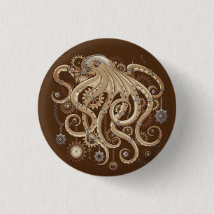 Macaron Rond 2,50 Cm Poulpe Steampunk Rétro Fantastique Mécanique
