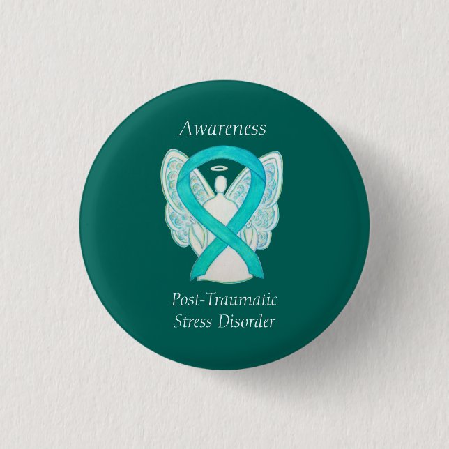Macaron Rond 2,50 Cm PTSD Sensibilisation Ruban Angle Turquoise Peintur (Devant)