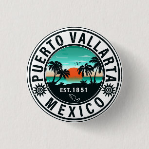 Macaron Rond 2,50 Cm Puerto Vallarta Mexique Retro Sunset Souvenirs 60s