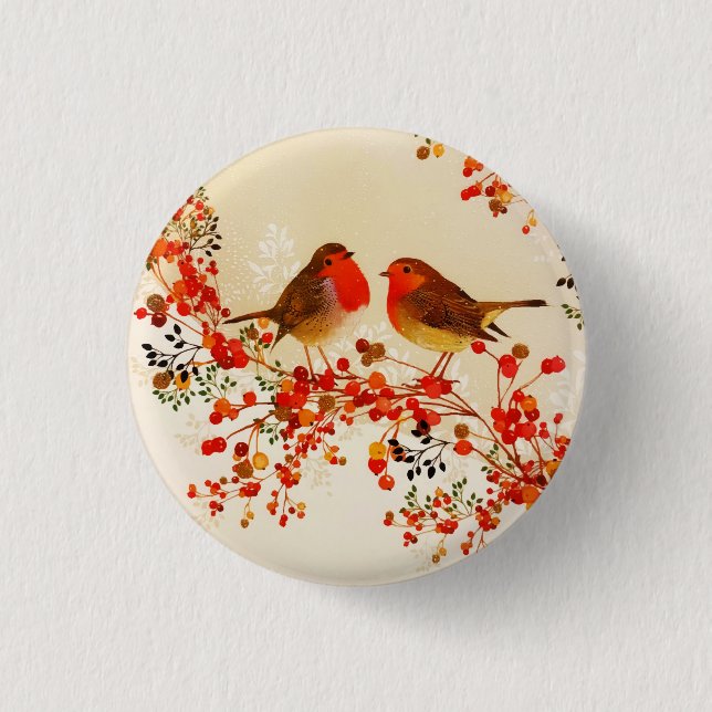 Macaron Rond 2,50 Cm Red Gold Winter Birds Holly Berry Branches (Devant)