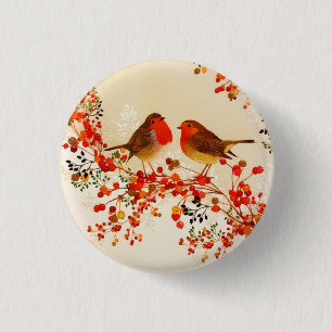 Macaron Rond 2,50 Cm Red Gold Winter Birds Holly Berry Branches