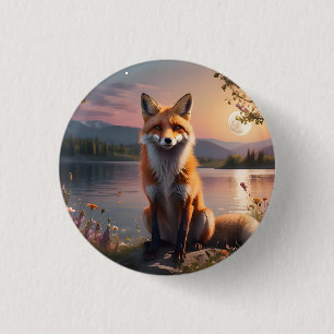 Macaron Rond 2,50 Cm Renard assis au bord du lac au coucher du soleil.