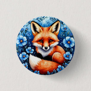 Macaron Rond 2,50 Cm Renard entouré de fleurs bleues