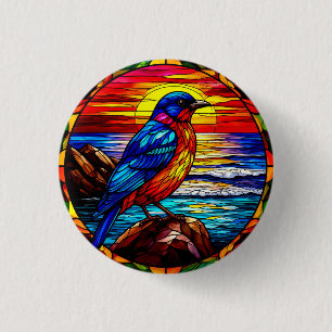 Macaron Rond 2,50 Cm Représentation colorée d'un oiseau en vitrail