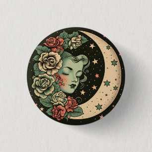 Macaron Rond 2,50 Cm Retro Art Déco Green Crescent Lady Lune Lune